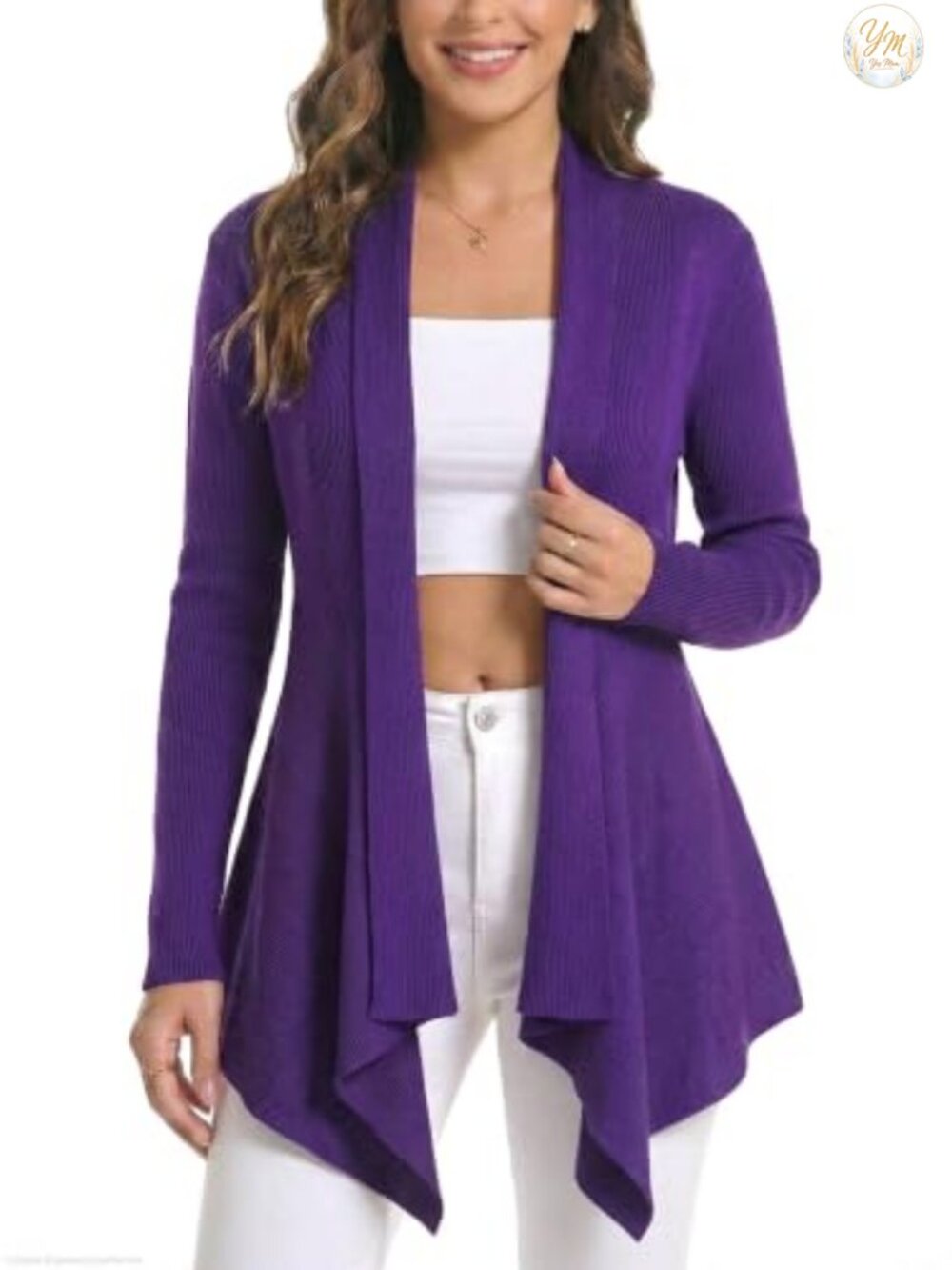Women's Open Front Draped Cardigan, Ribbed Knit Long Sleeve Asymmetrical Hem